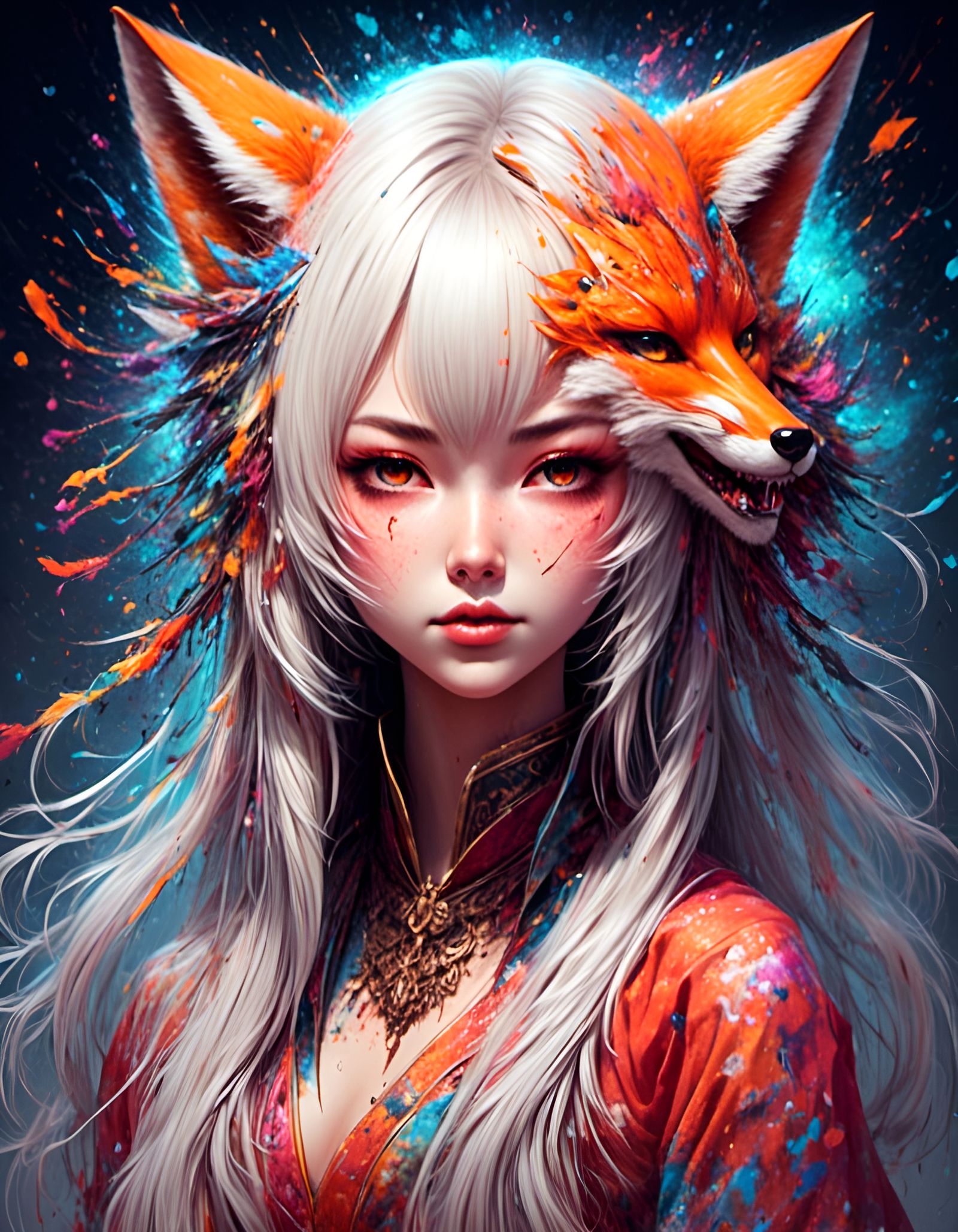 Vibrant Kitsune Fox Girl in Surreal Graffiti Style
