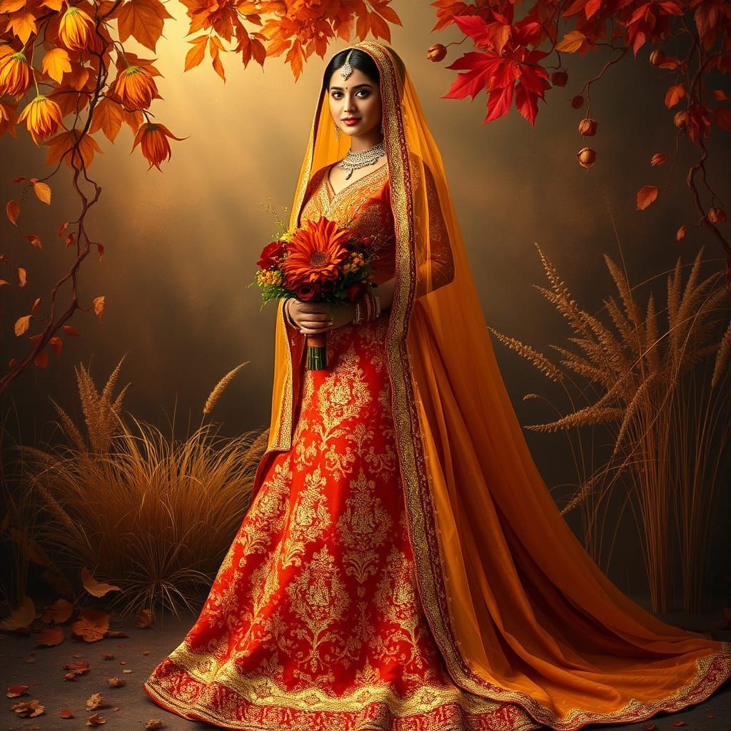 Ethereal Indian Autumn Bride in Intricately Embroidered Wedd...