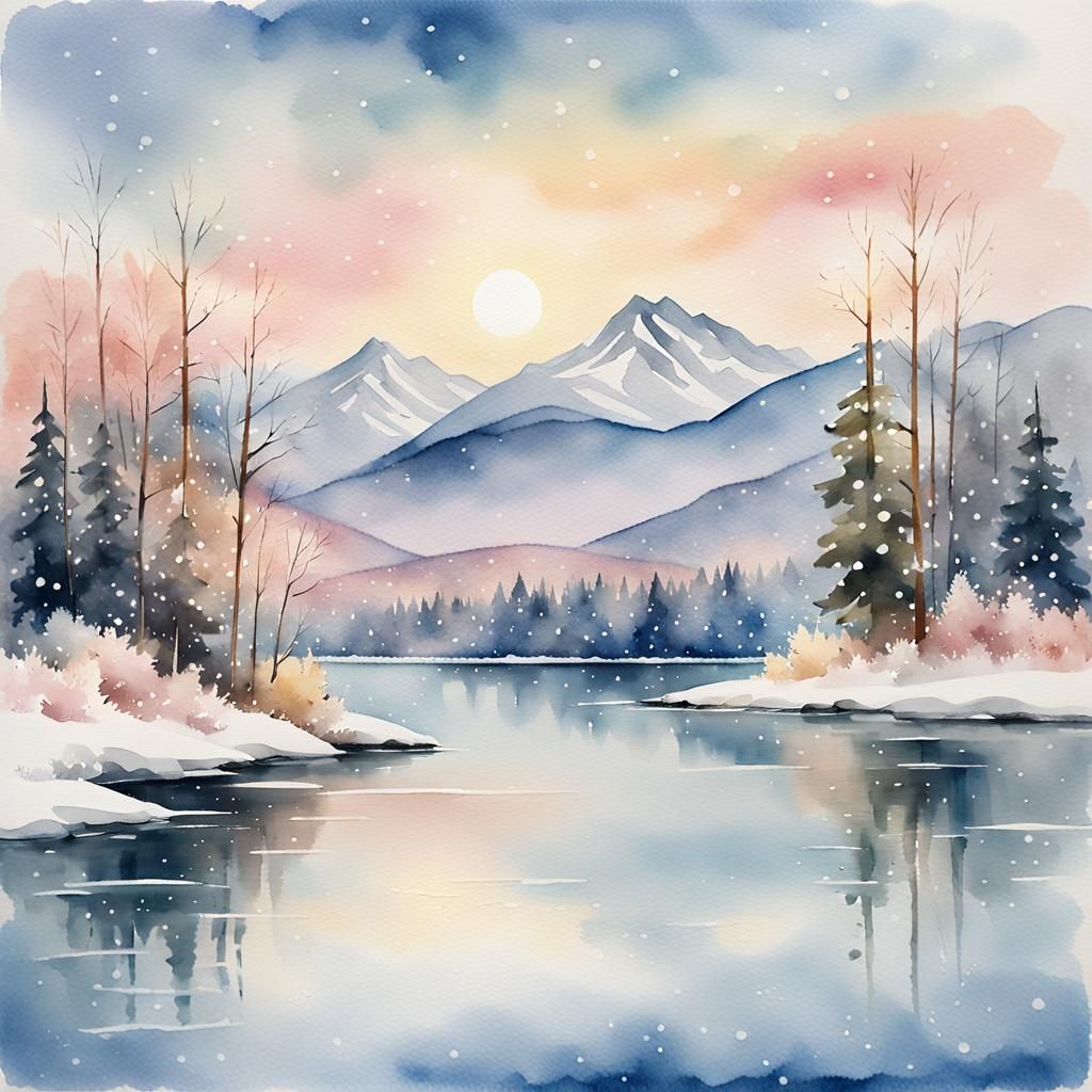 Winter Mountain Lake at Dusk: Impressionist Watercolor