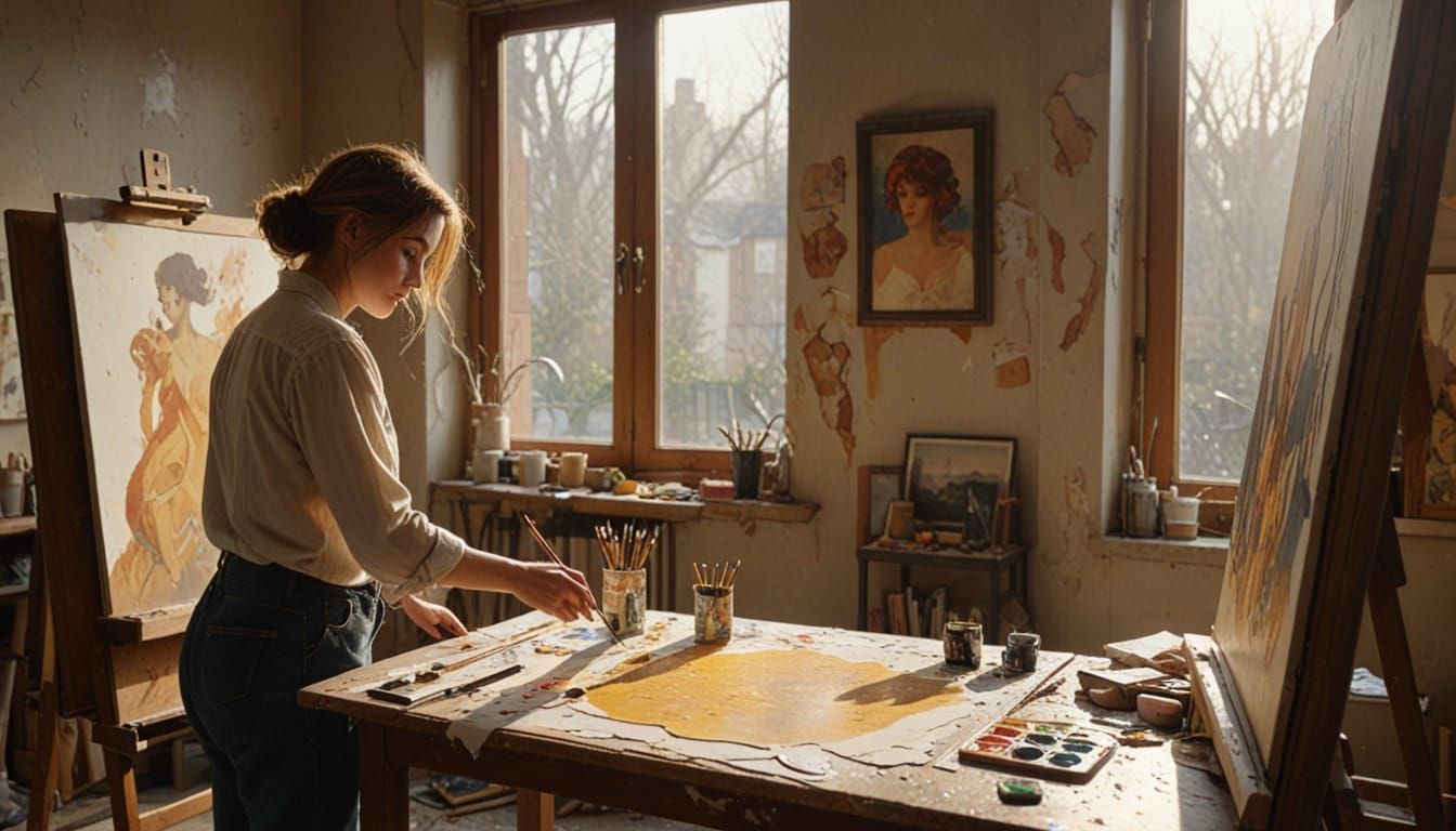 Artist Paints in Messy Studio With Dramatic Golden Hour Ligh...