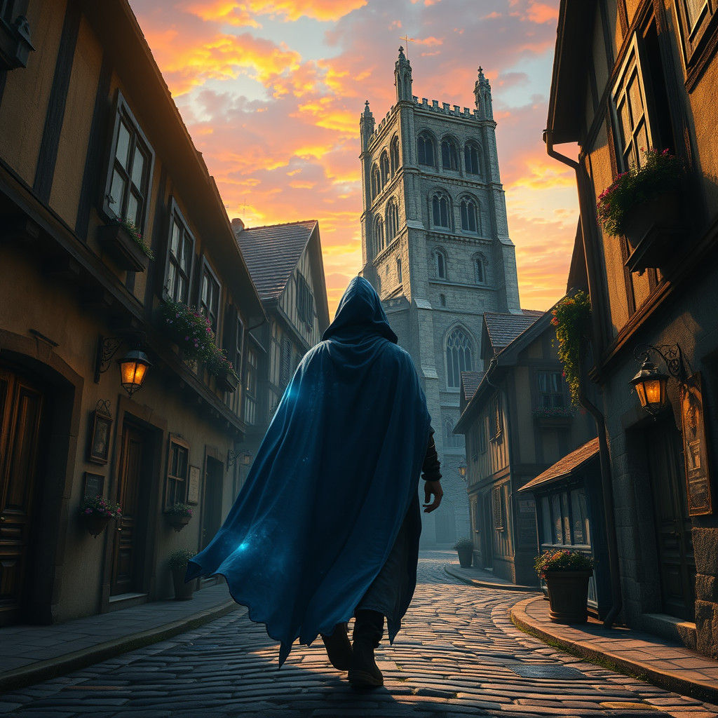 Enigmatic Figure in Historic Town at Dusk