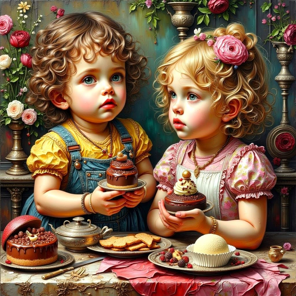 Children Gaze at Chocolate Fountain, Impasto Oil Painting