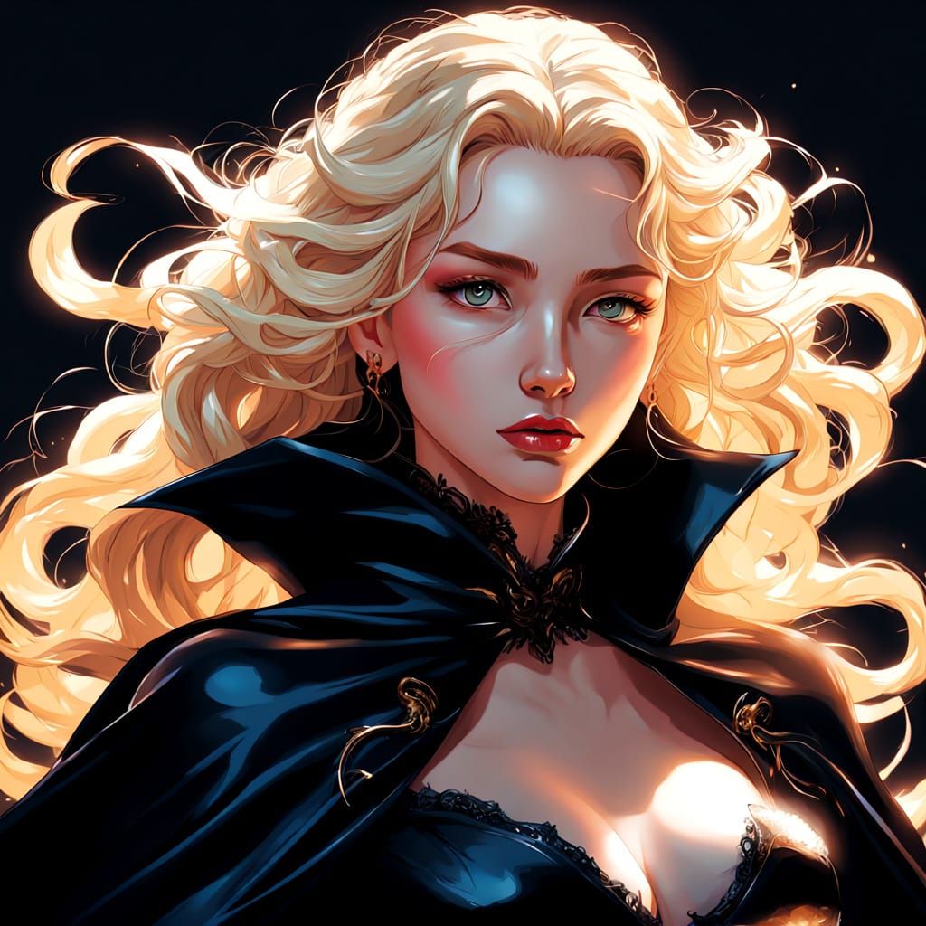 Manga-Inspired Woman in Black Cloak with Vibrant Lips and Cu...