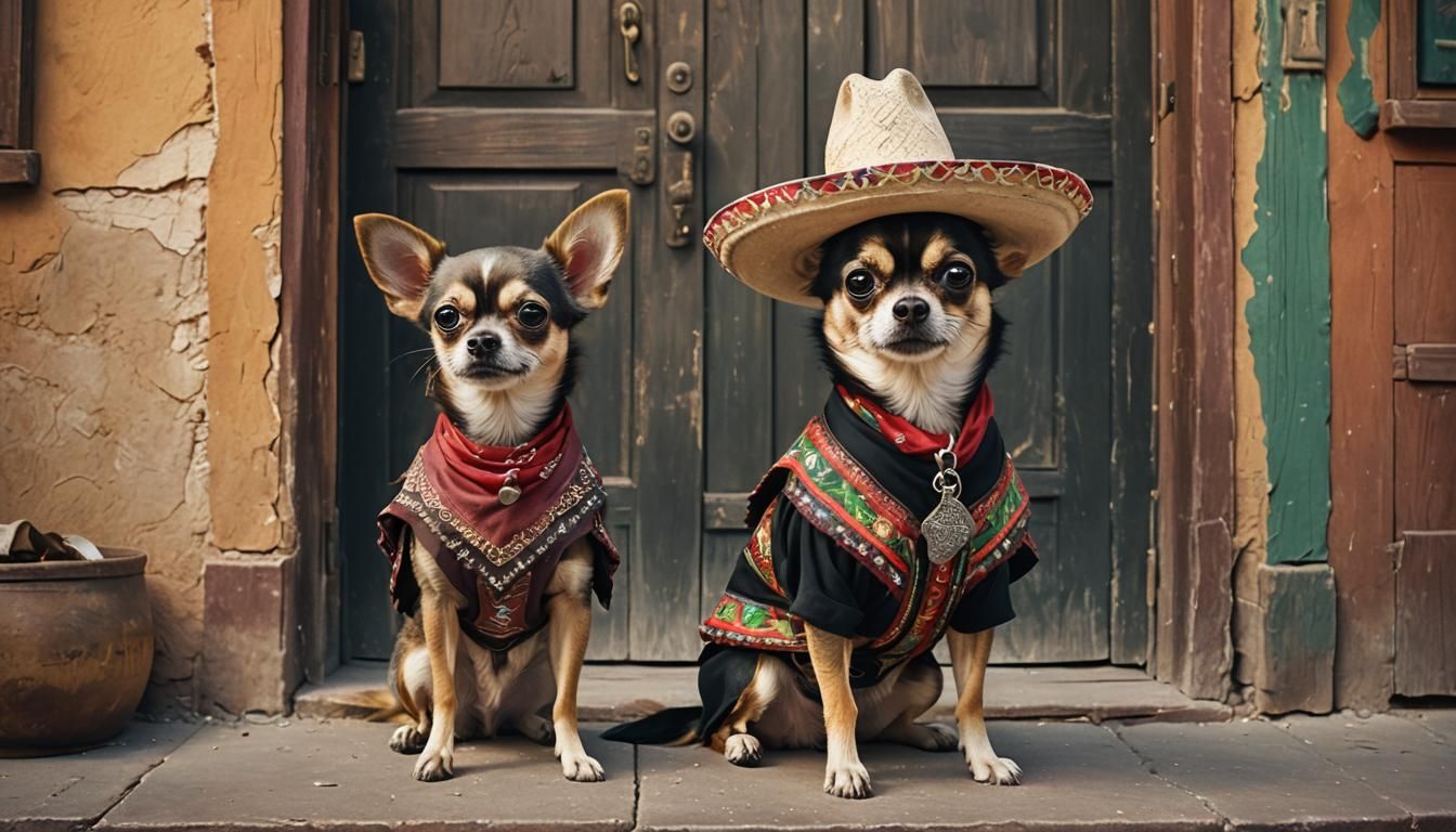 digital painting whimsical funny chihuahua dressed with Mexican bandit clothes with large hat, in front of door of Mexic...
