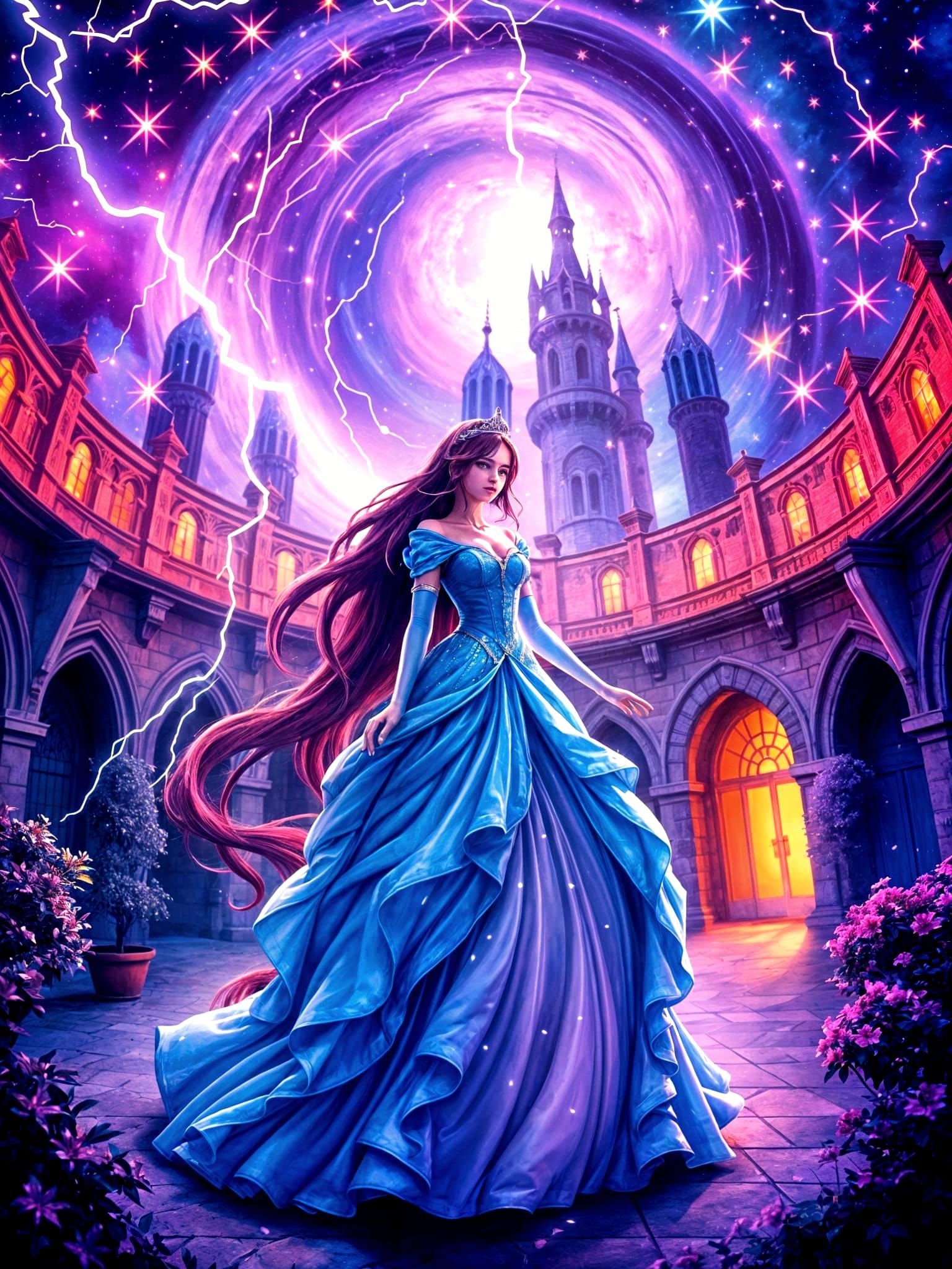 Surreal Princess in a Whimsical Castle Under the Stars