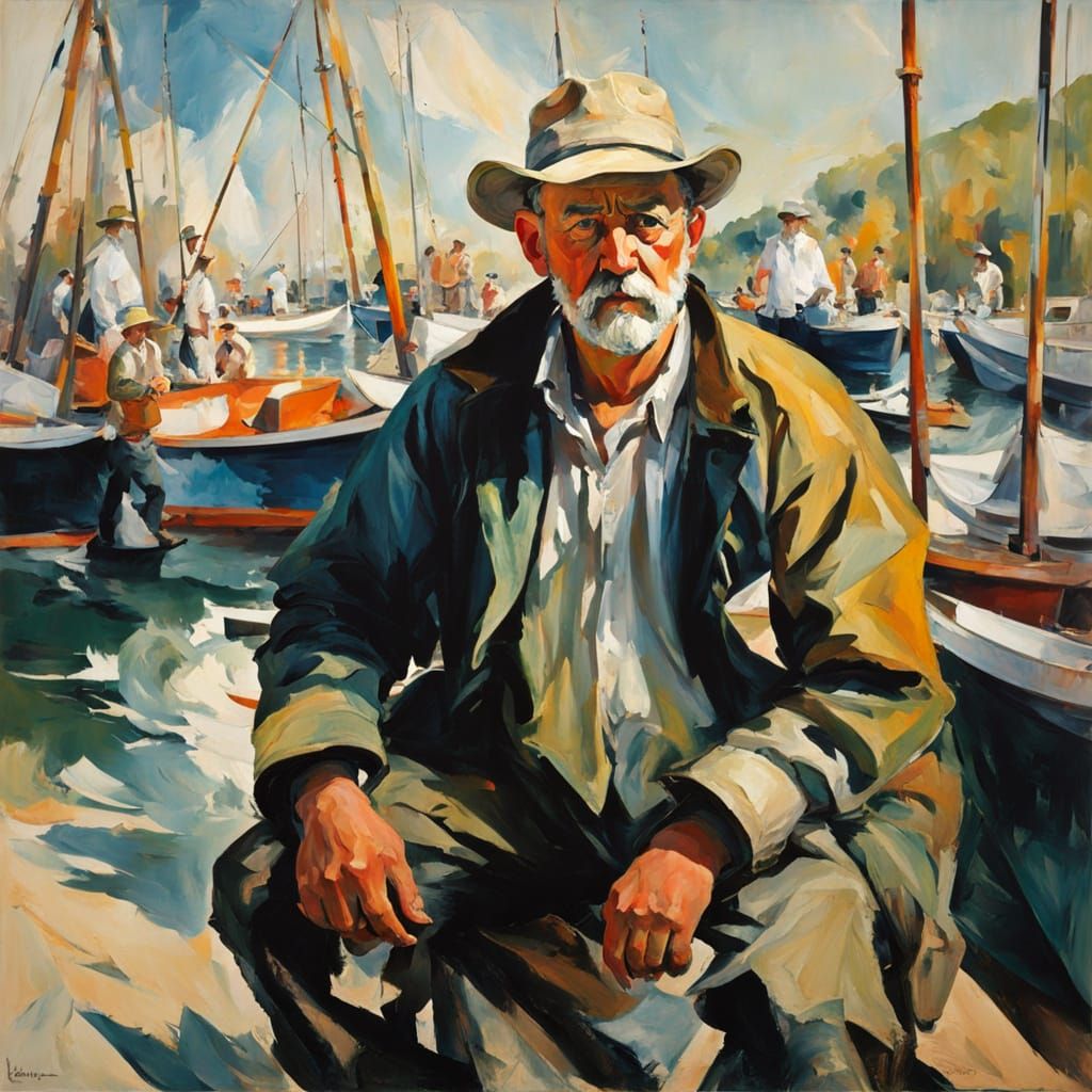 Full Body Portrait of fisherman in style Cecily Brown, Paul Cezanne, Top Lighting Movement Layered expressionism  expres...