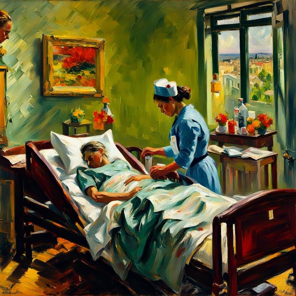 Nurse Attending Patient in Impasto Tachisme Style