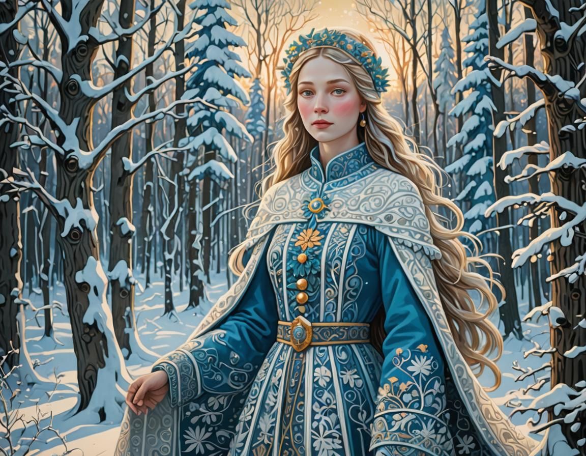 Snow Maiden in Snowy Forest: Vibrant Folk Art