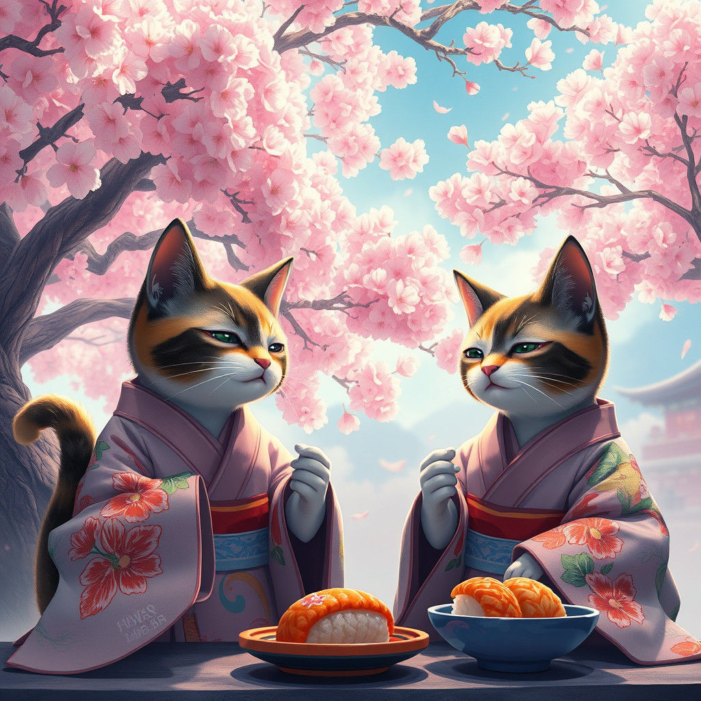 Geisha Cats Eating Sushi in Anime Cyberpunk Style