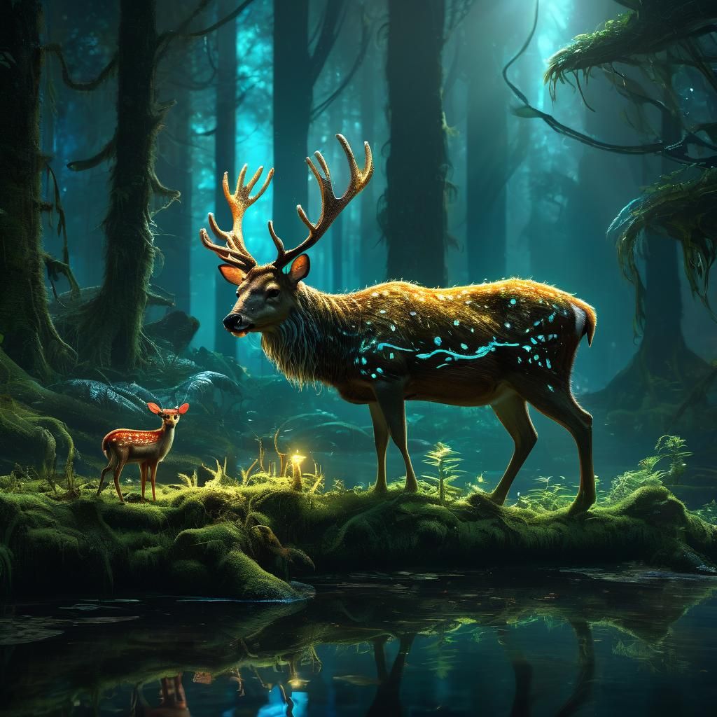 Whimsical Deer in Enchanted Rainforest with Bioluminescent P...