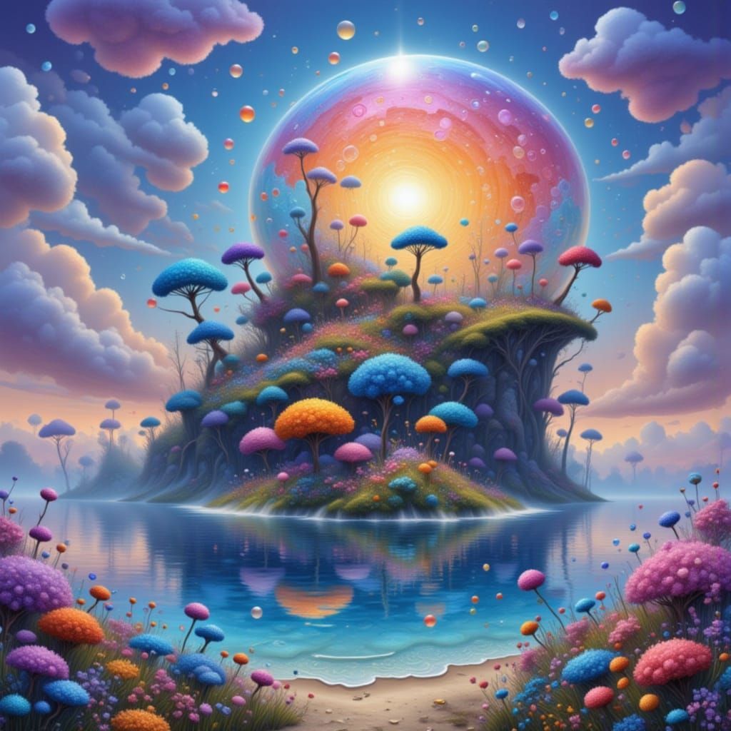 Ethereal Fantasy Island with Strange Flowers and Glowing Lig...