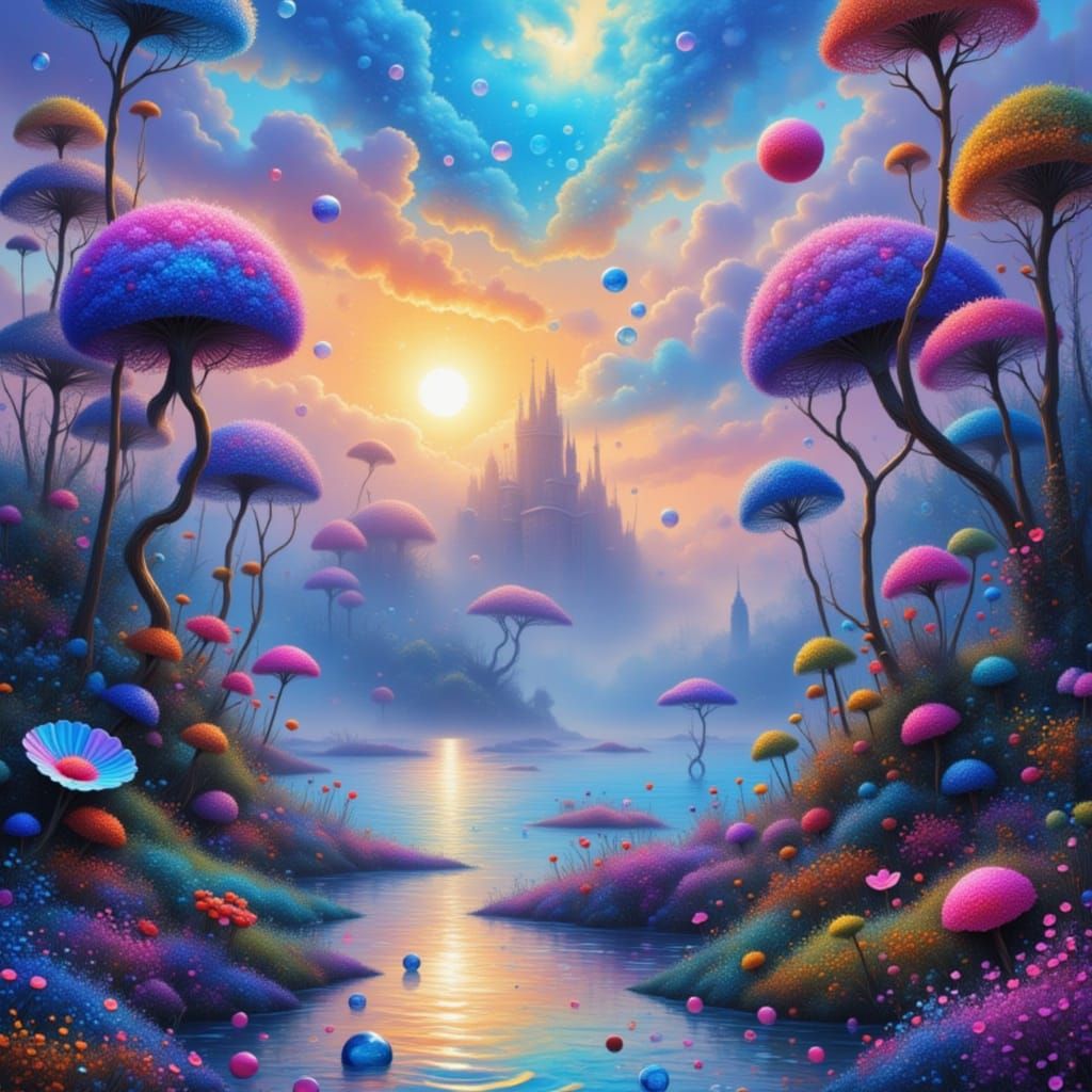 Ethereal Fantasy Island with Surreal Flowers and Creatures