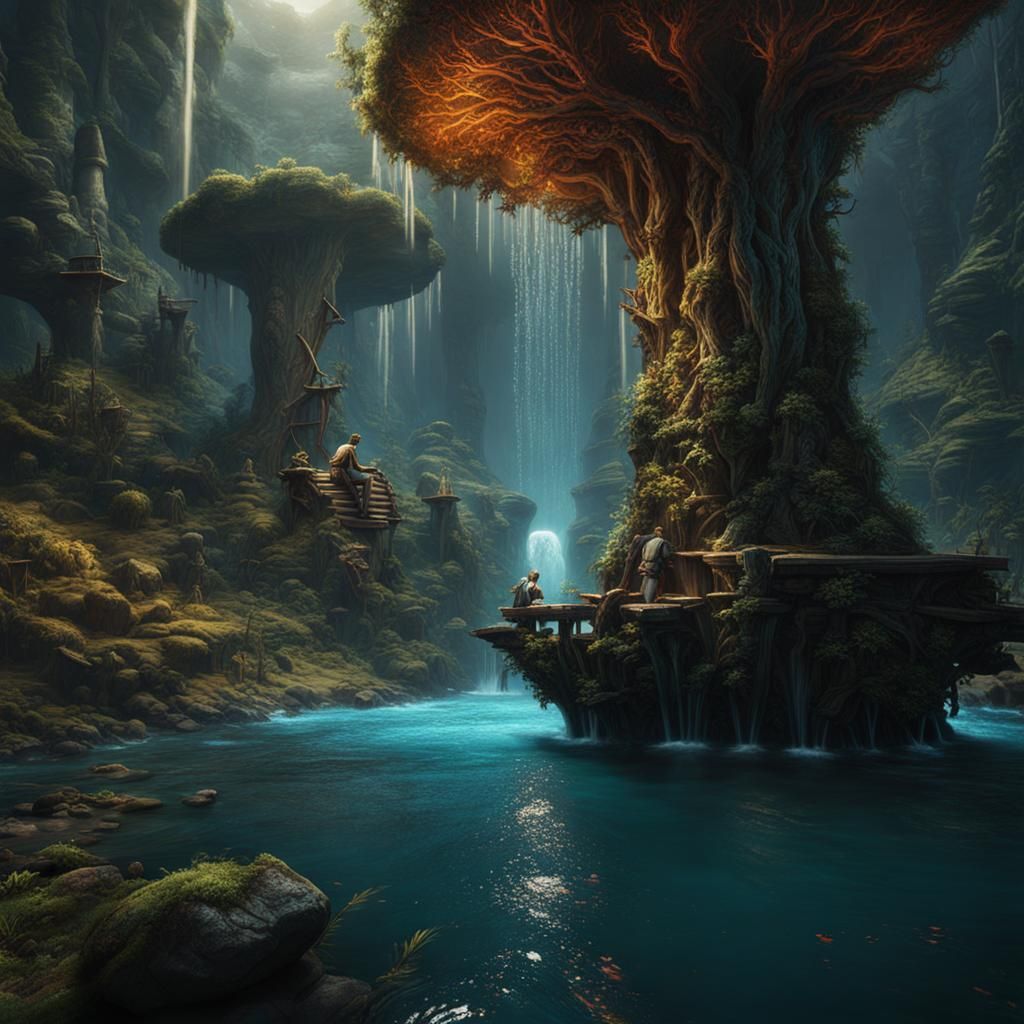 Man Floating on Water with Log: Detailed Matte Painting