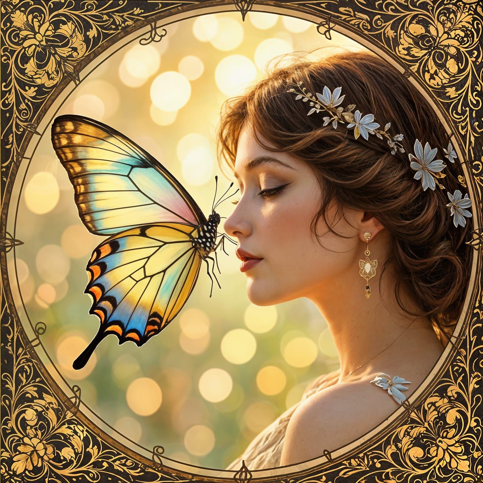 Woman Touched by Butterfly in Art Nouveau Style