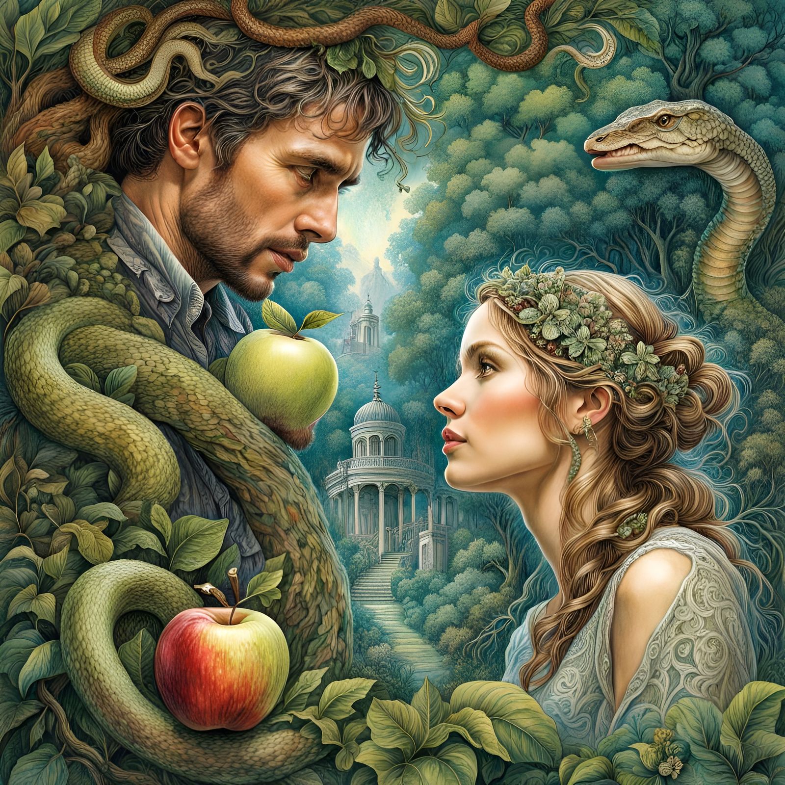 Adam and Eve in Biblical Garden, Detailed Ink Drawing