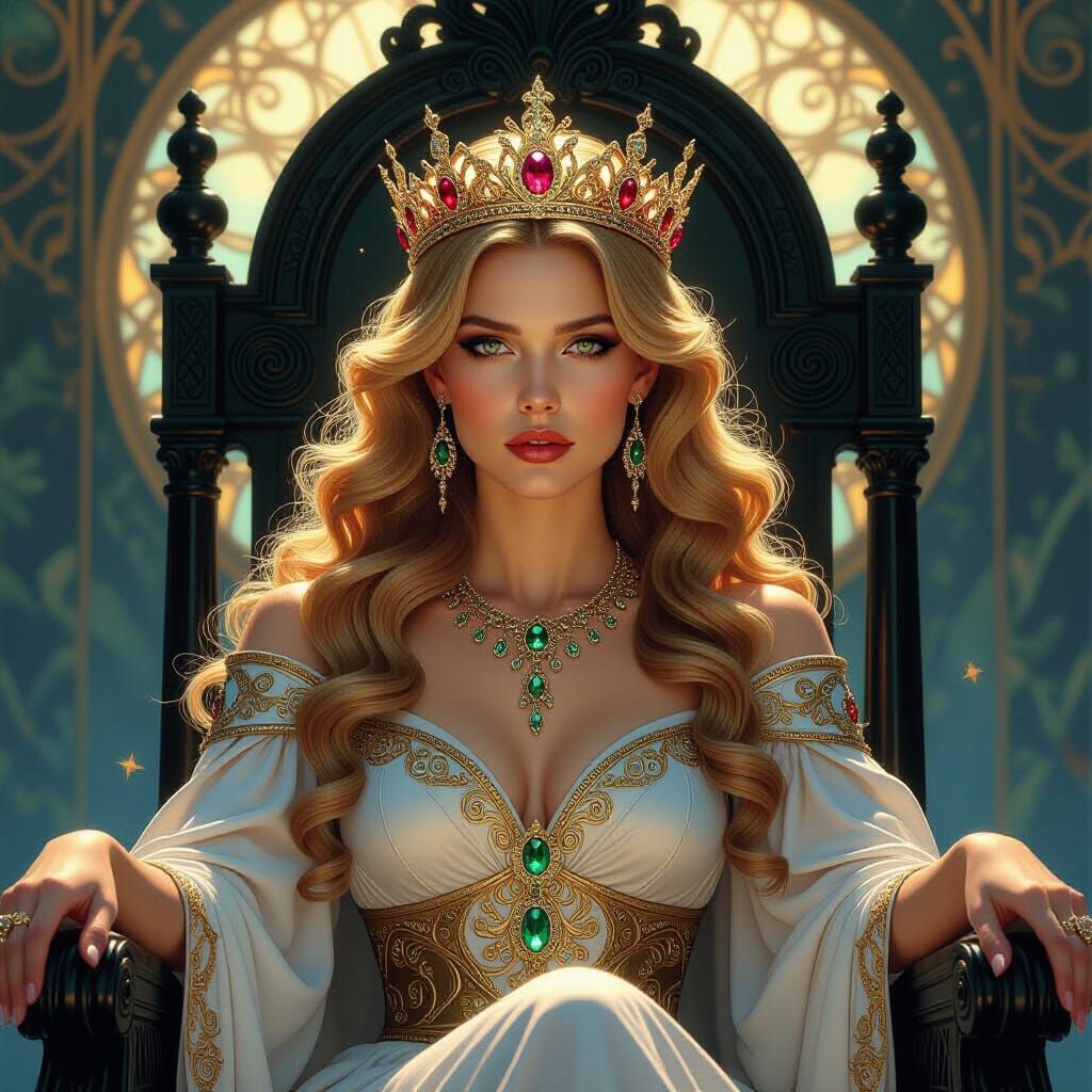 Regal Queen with Jeweled Crown in Art Nouveau Style