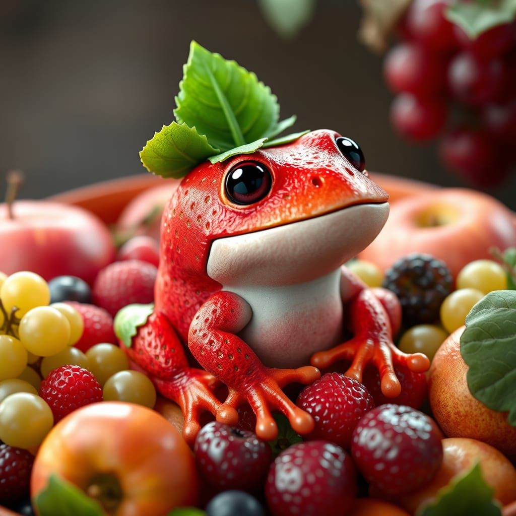 Stylized Anime Frog Surrounded by Fresh Fruit in a Vibrant B...