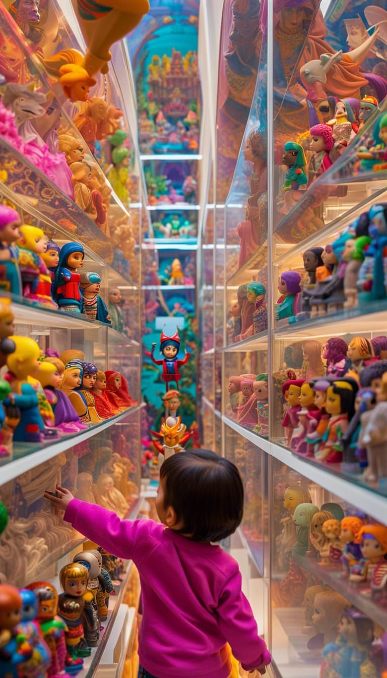 Toddler Amazed by Action Figures in Museum, Lisa Frank Style