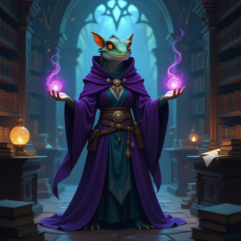 Lizardfolk Wizard in Purple Robe with Red Eyes