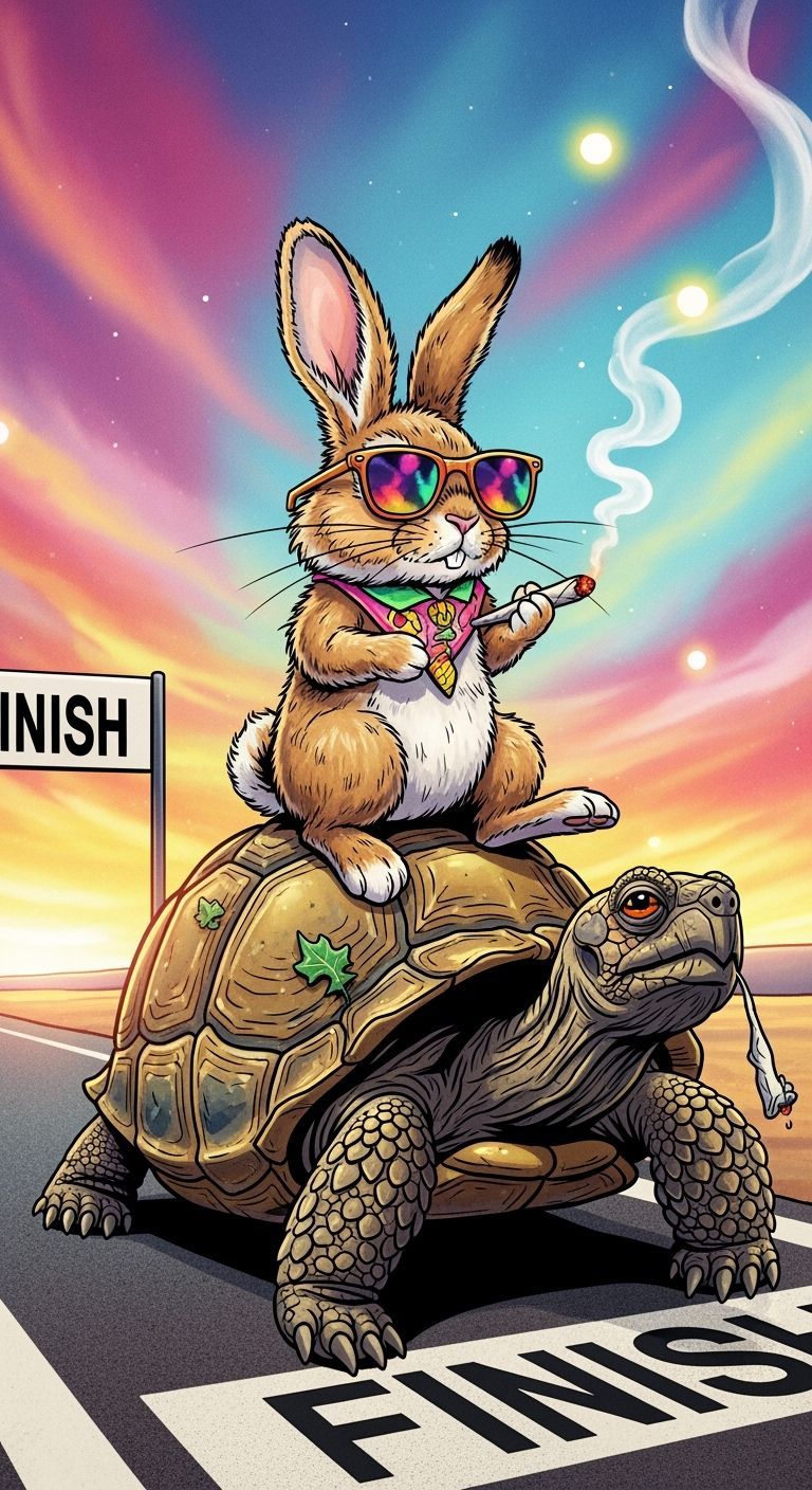 Rabbit on Tortoise Near Finish Line in Psychedelic Pop Art S...