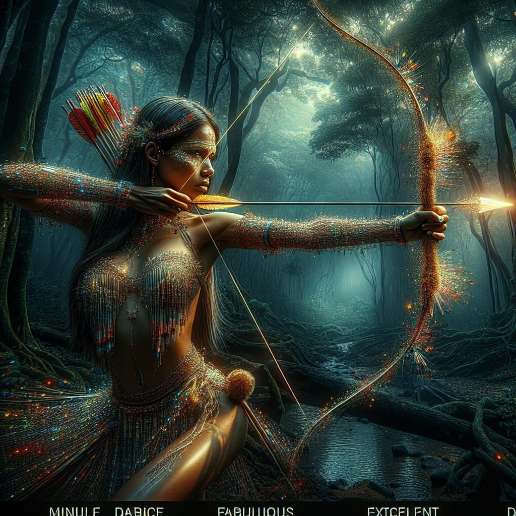 Amazonian Archer in Dark Forest with Triadic Colors