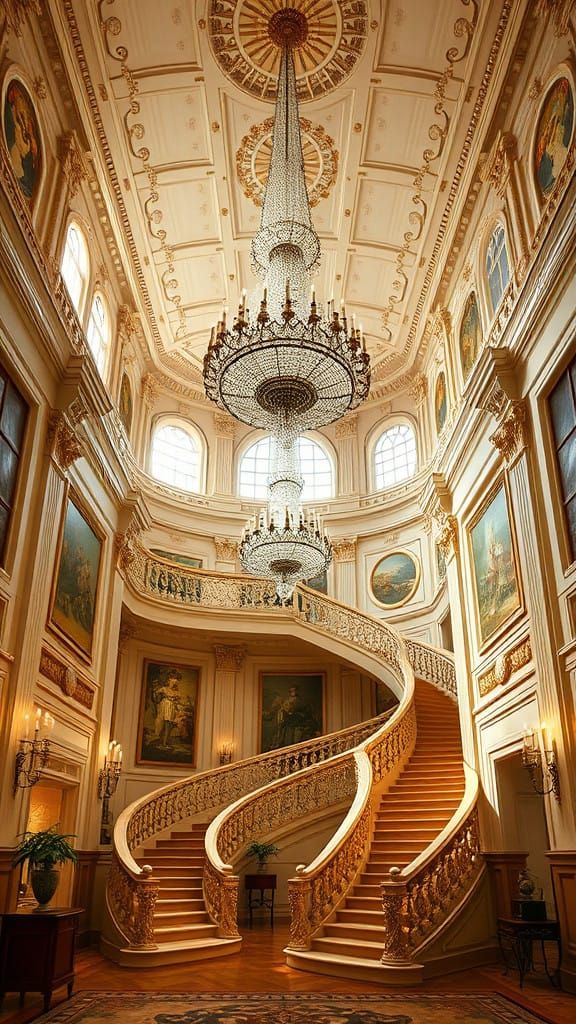 Luxurious French Baroque Mansion Entryway with Crystal Chand...