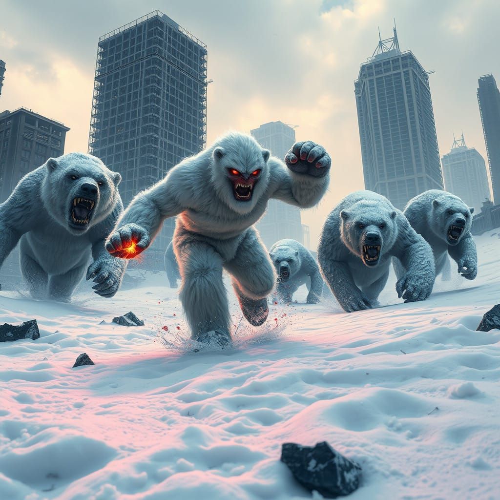 Cyberpunk Superhero Battles Mutant Polar Bears in a Ruined W...