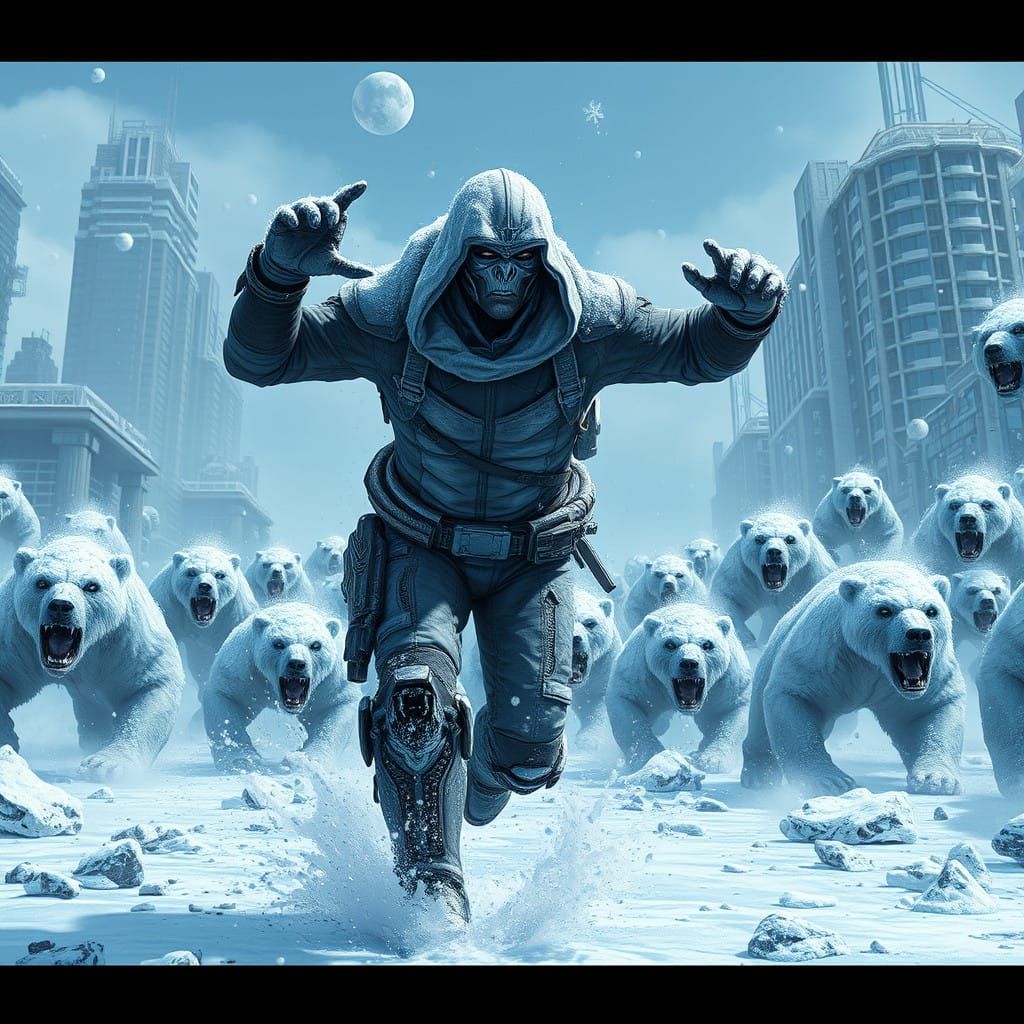 Post-Apocalyptic Hero Battles Mutant Polar Bears in Futurist...