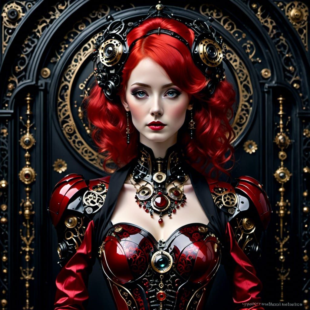 French Woman in Gothic Garden, Crimson Noir Portrait