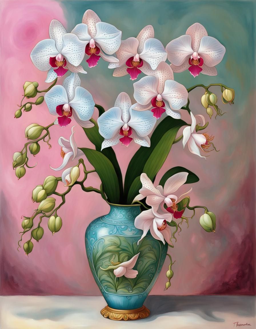 Surreal Carnivorous Orchids in Art Nouveau Vase