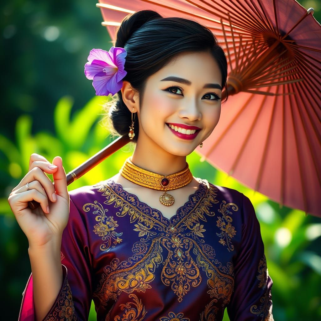 Thai Woman in Golden Attire with Parasol, Ethereal Mist