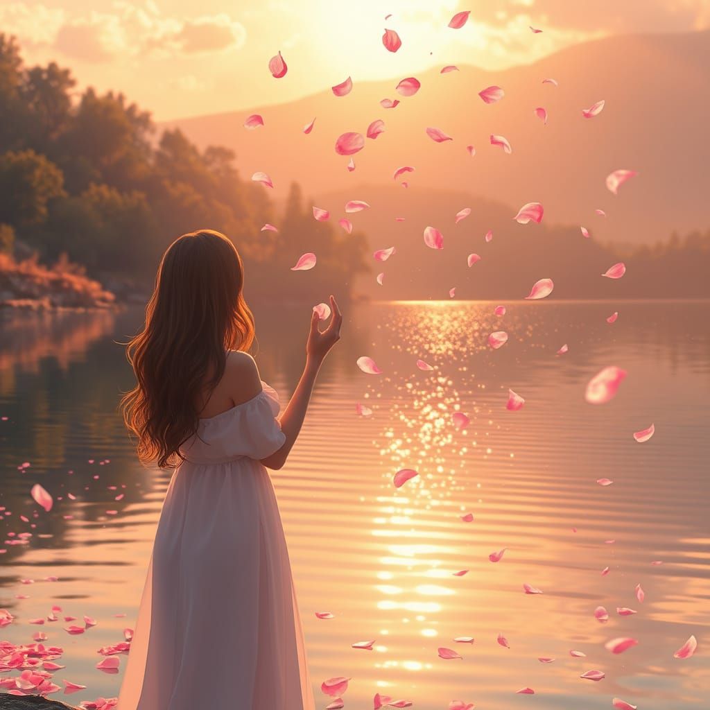 Ethereal Rose Petal Dance on Lake's Sparkling Surface