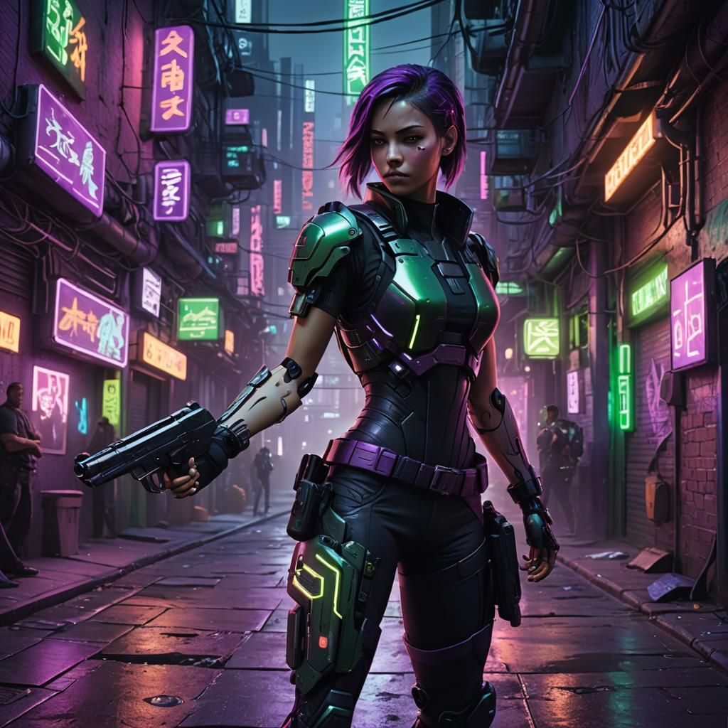 Cyberpunk Shadow Runner in Neon Alleyway