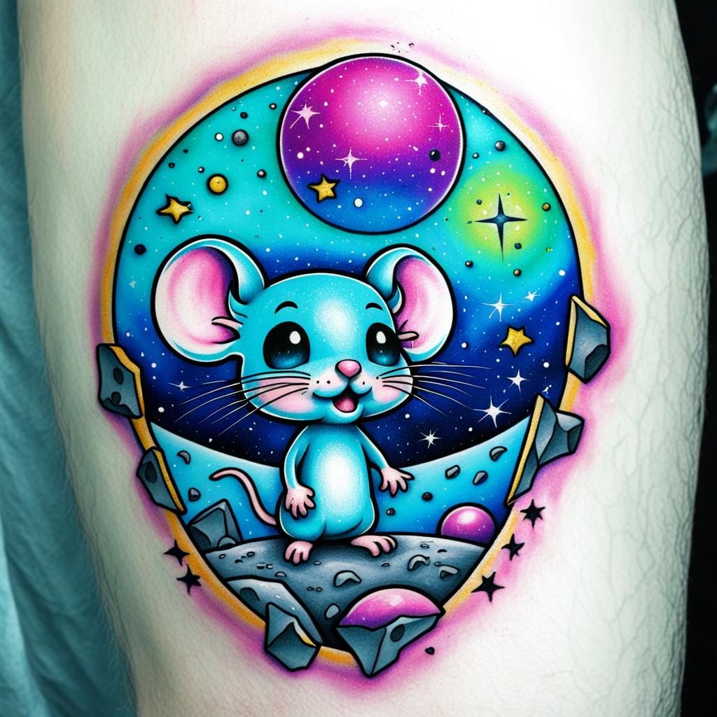 Aqua Chibi Mouse Tattoo on the Moon