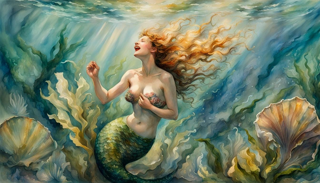 Sunlit Mermaid Underwater, Watercolor Style