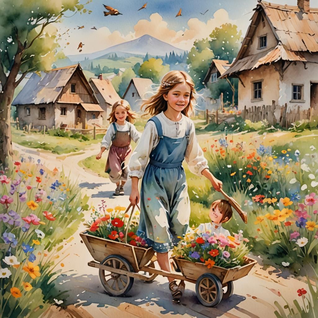 Orthodox Children Playing: Whimsical Watercolor Art