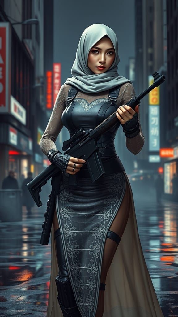 Sleek Hijabi Sharpshooter in Futuristic Dystopian Cityscape