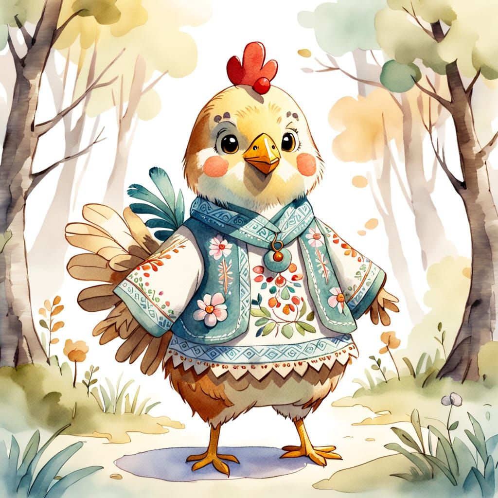 Whimsical Chicken Cub in Folk Attire, Watercolor Sketch