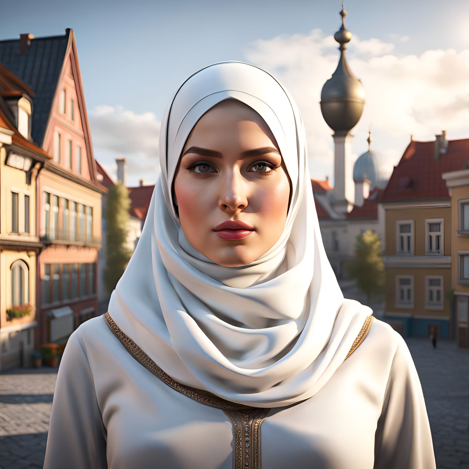 Gorgeous Girl with Hijab in Modern City: Digital Art