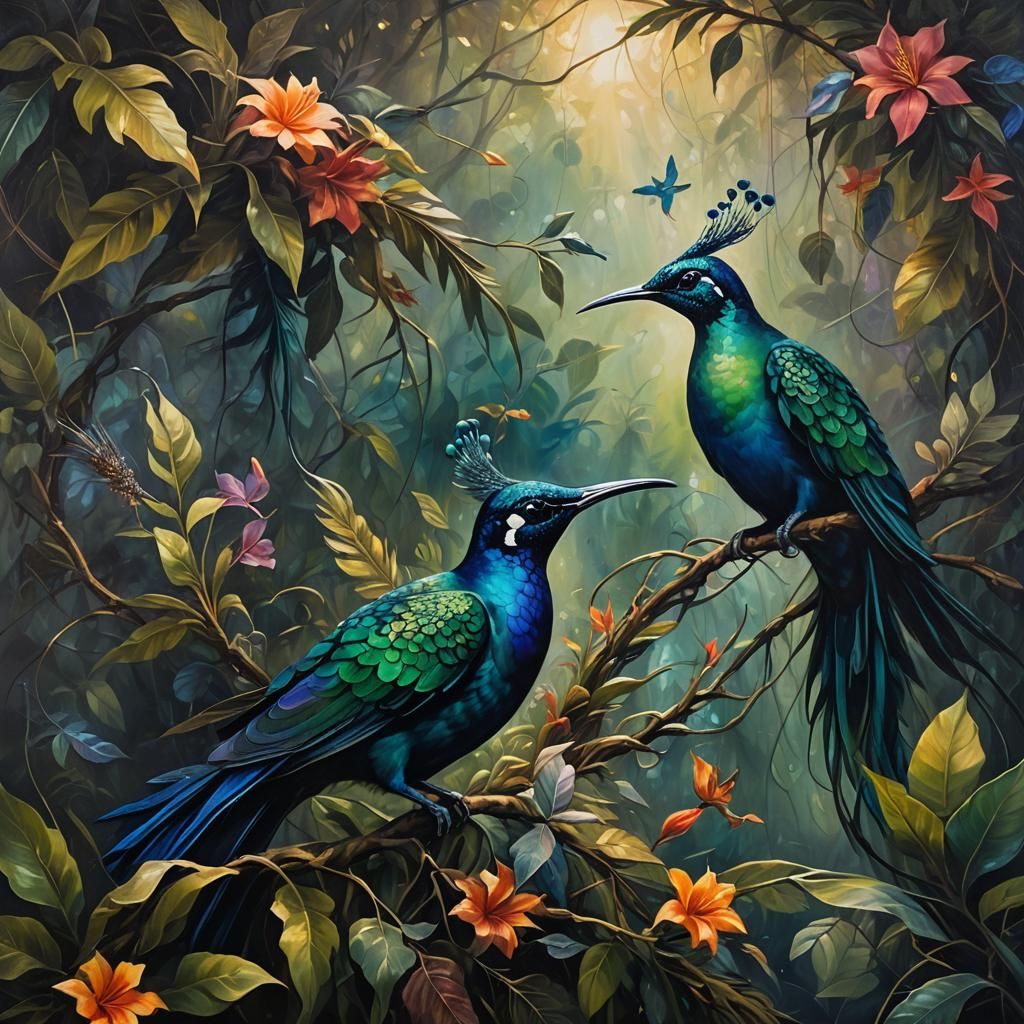 Entwined Hummingbird and Peacock in Dark Oil Painting