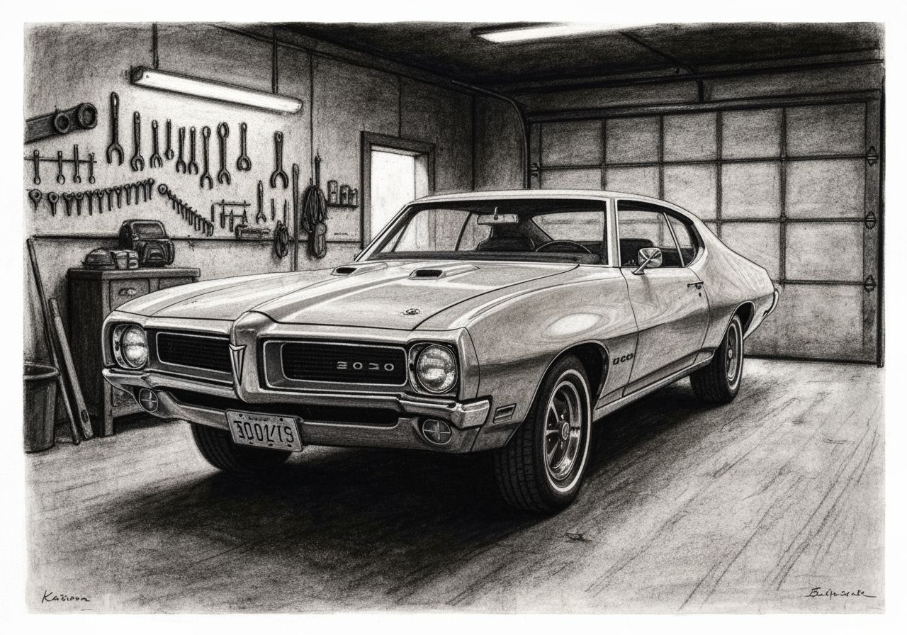 1970 Pontiac GTO Charcoal Drawing in Moody Garage