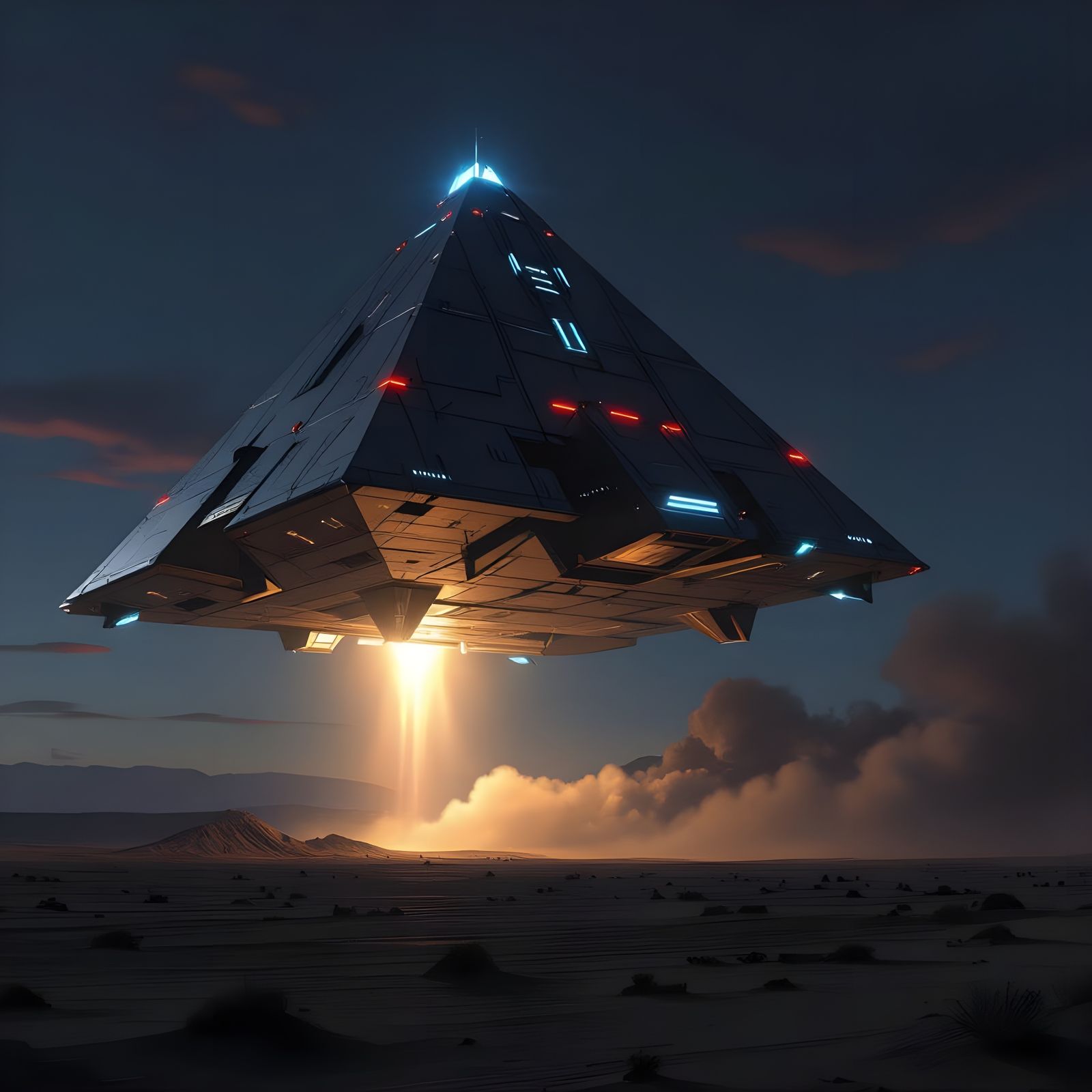 Futuristic Pyramid Spaceship Launching in Desert