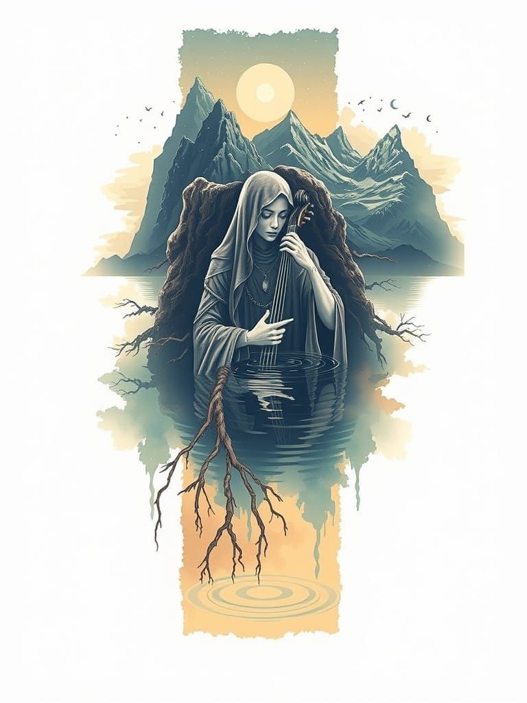 Mountains and Goddess Under Celestial Sky, Tattoo Design