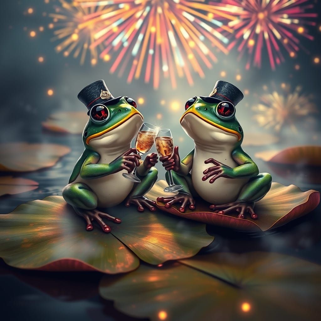 Majestic Frogs Toast New Year's Eve in Whimsical Firework Di...