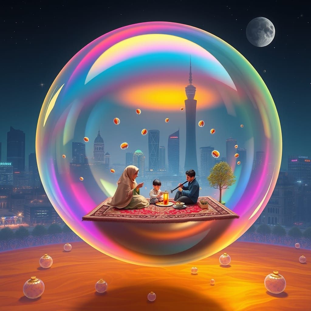 Iridescent Bubble Floats Through Surreal Tehran Night