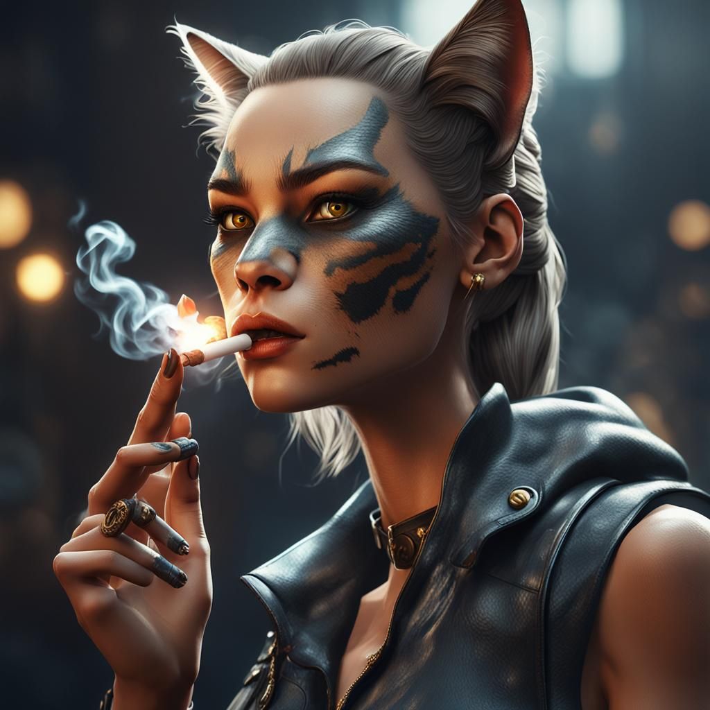 Cat-Woman Hybrid Smoking in Cinematic 3D Style