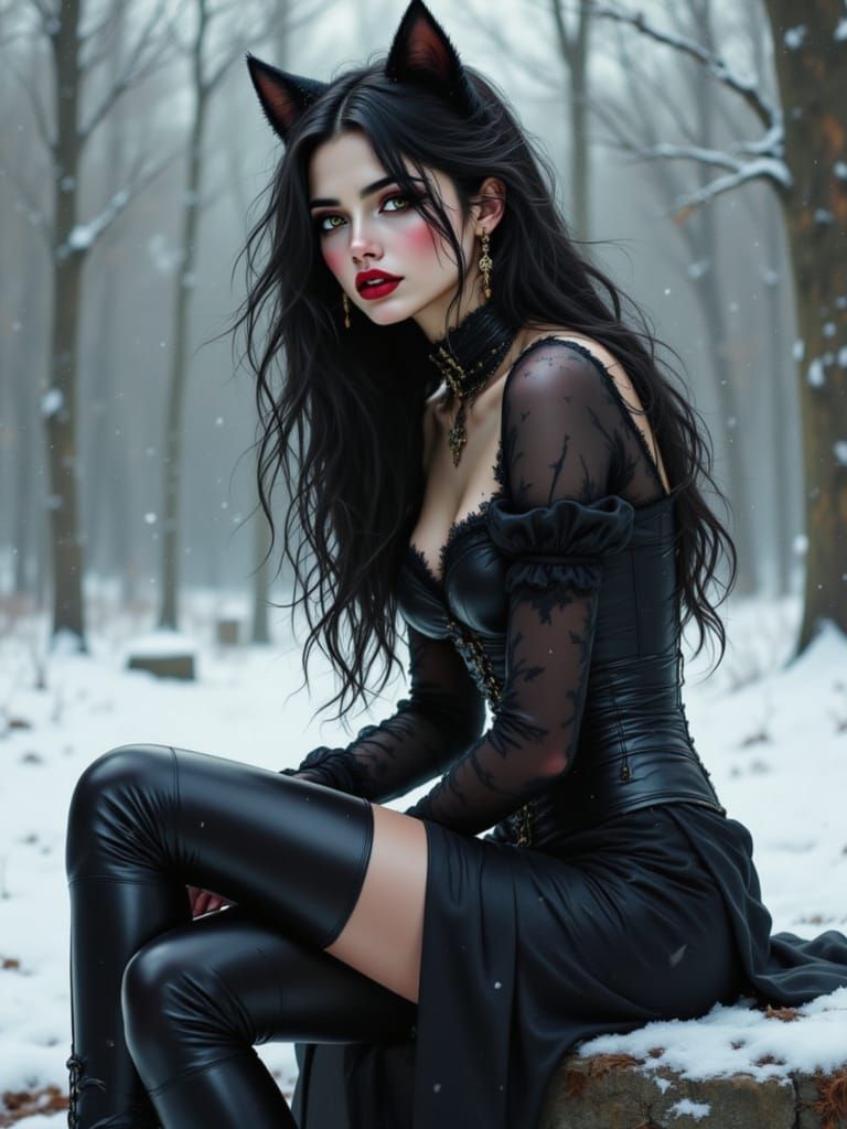 Gothic Woman in Winter Forest Portrait