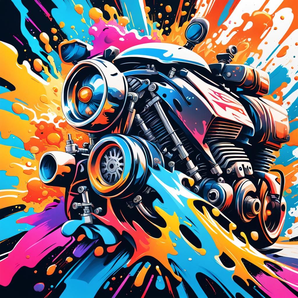 Motorcycle Engine in Graffiti Street Art Style