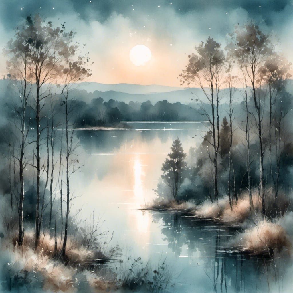 Moonlit Lake Watercolor Painting Under Starry Sky