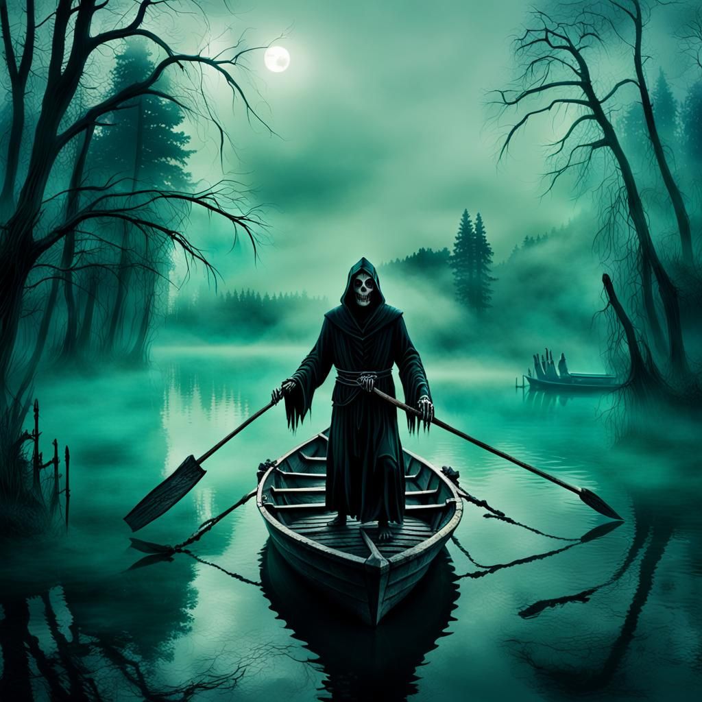 Grim Reaper's Journey on Misty Lake, Gothic Art